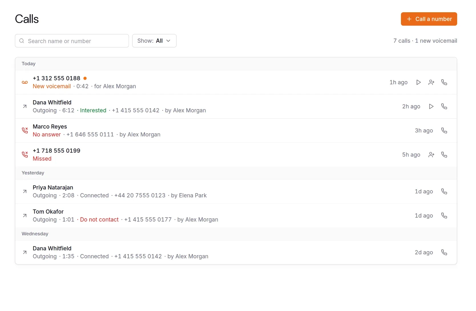 The calls list: a new voicemail, connected calls with their outcome, and missed calls
