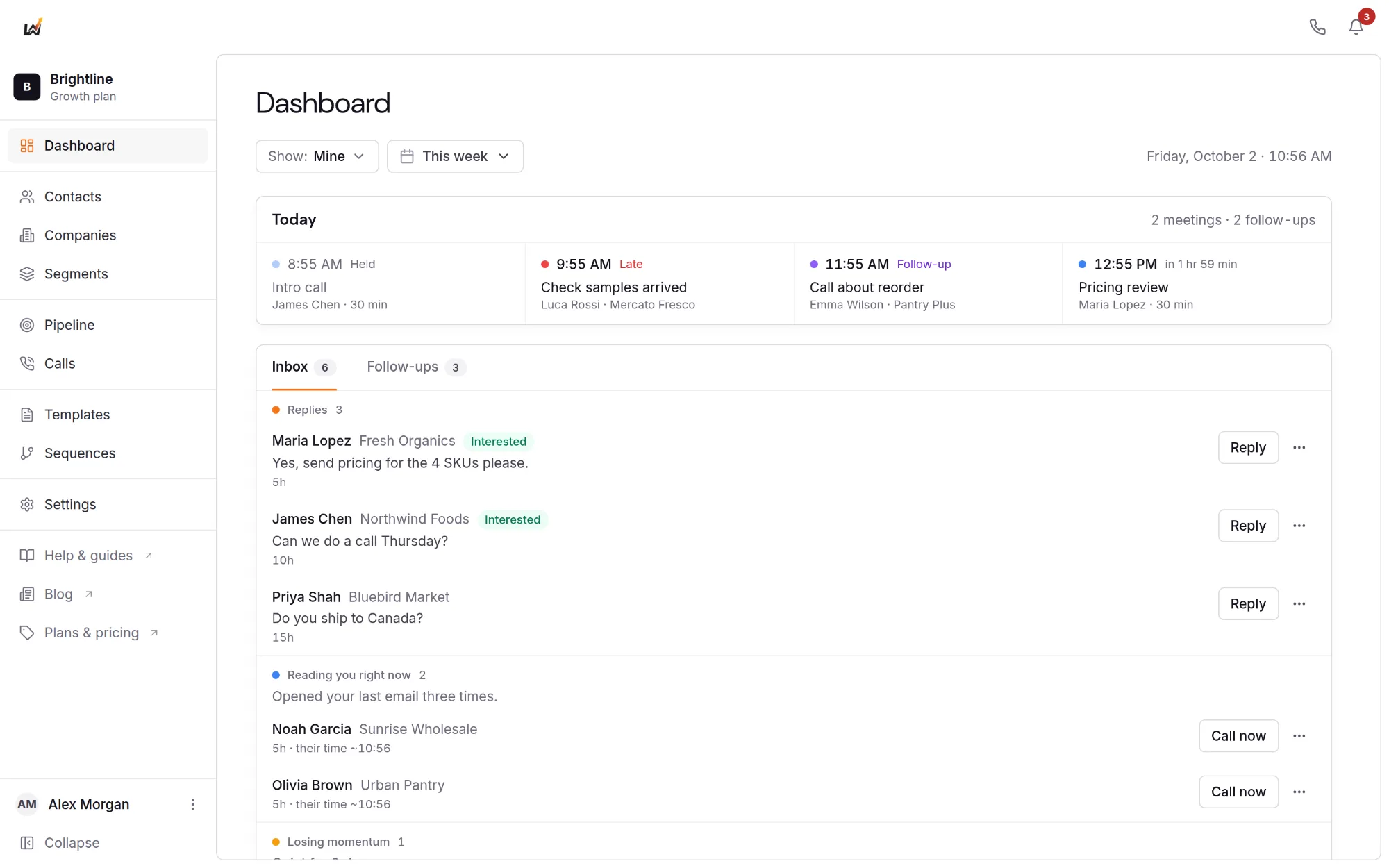 The LeadWise dashboard: today's meetings and follow-ups, and an inbox of replies sorted by what needs an answer first
