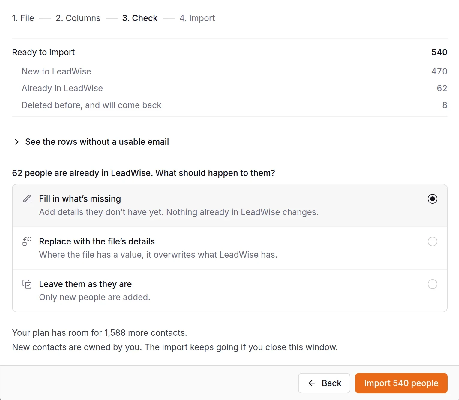 The import check: 540 people ready, how many are new or already in LeadWise, and a choice of what happens to existing contacts